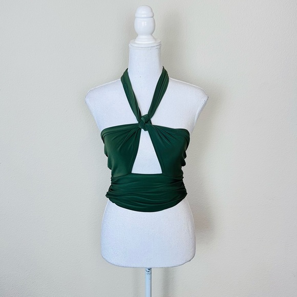 Fashion Nova Olive Green Slinky Multi-way Criss Cross Halter Cut Out Crop Top - Picture 8 of 15